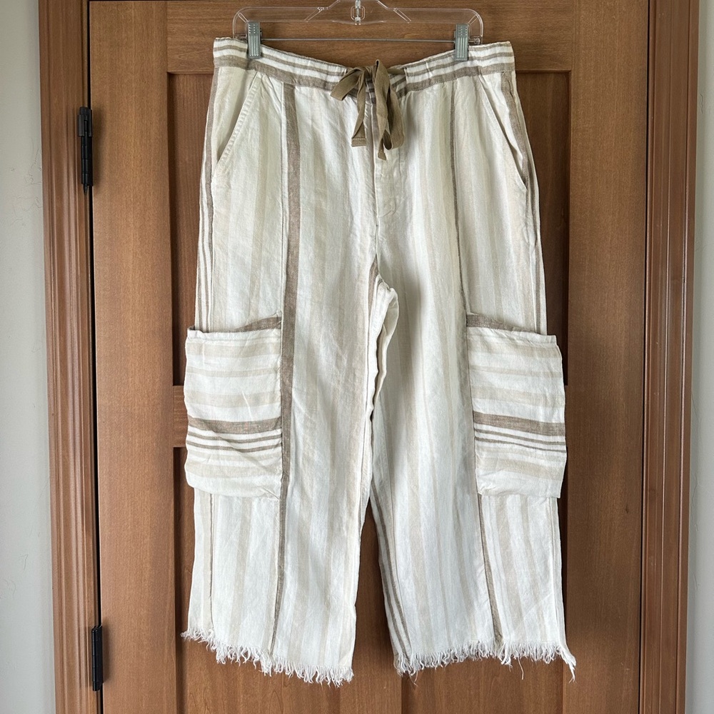 NWOT Free People Glory Days Striped 100% Linen Pants Frayed Hem size Small - Picture 2 of 16